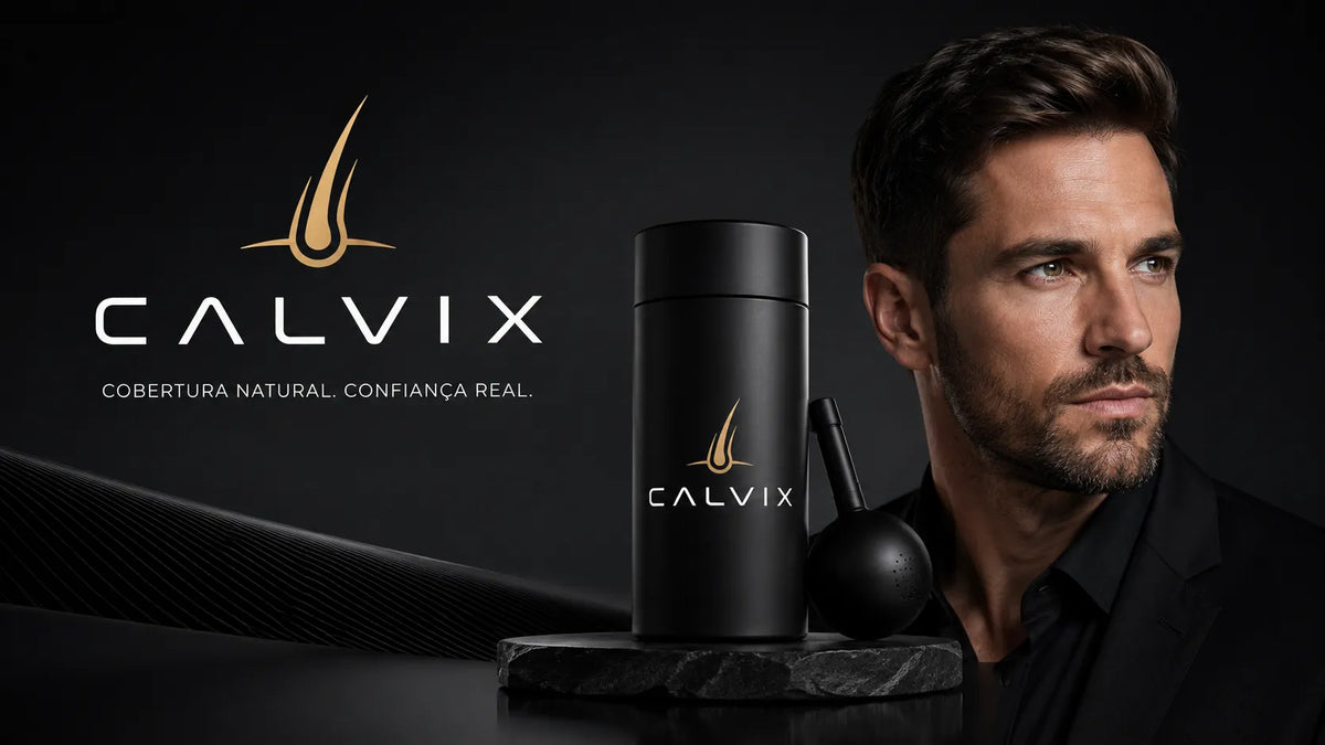 Calvix com produto e modelo em fundo preto