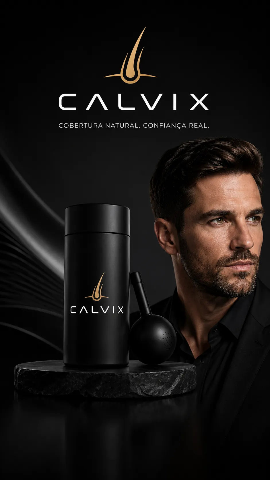 Banner vertical Calvix com produto e modelo