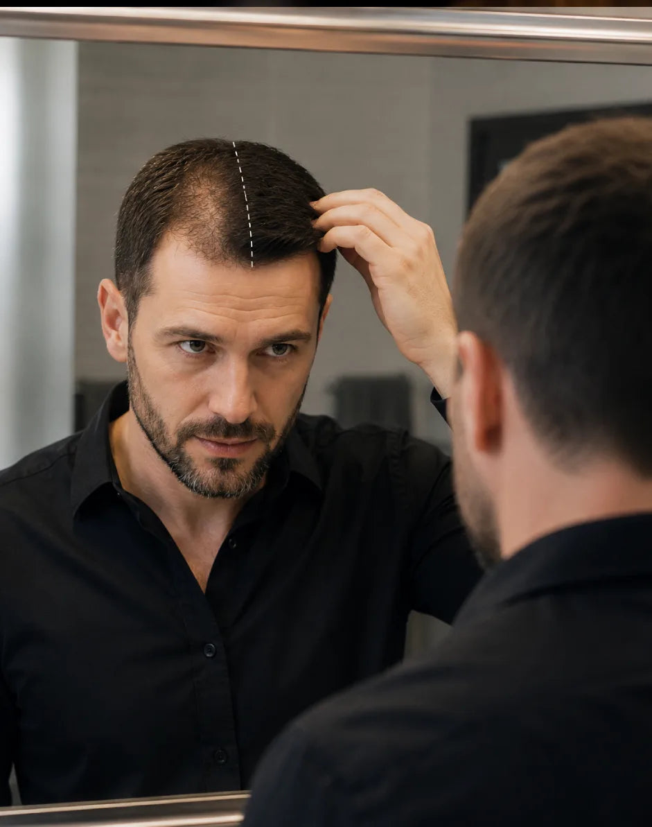 Homem observando a linha do cabelo no espelho antes de aplicar Calvix