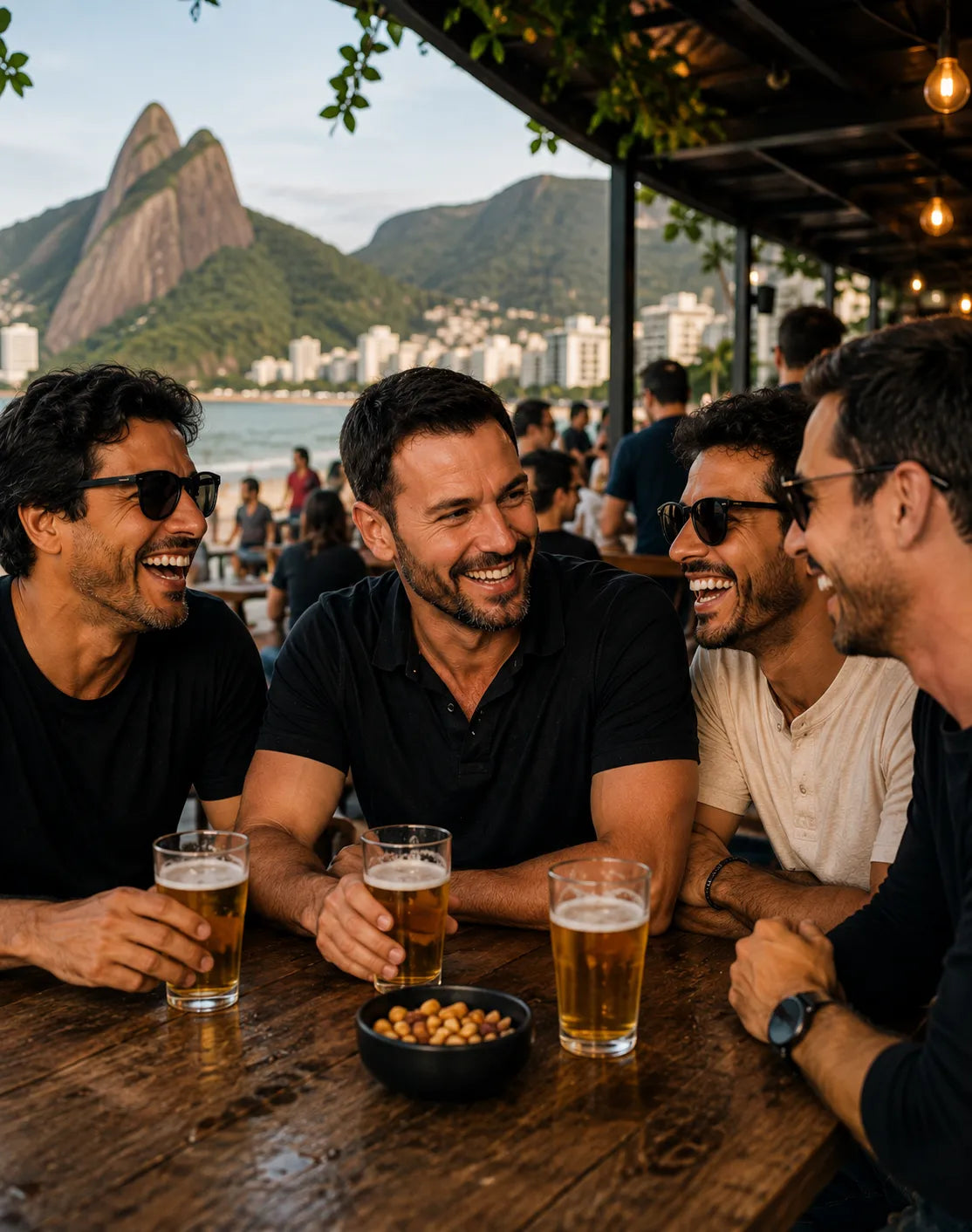 Grupo de homens sorrindo em encontro social com aparência confiante